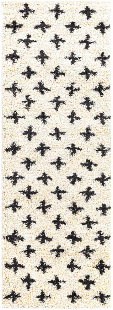 Close-up of a Gambo Area Rug. Cream shag rug with a black cross pattern. Contemporary, Moroccan style. Design-Runner-2773