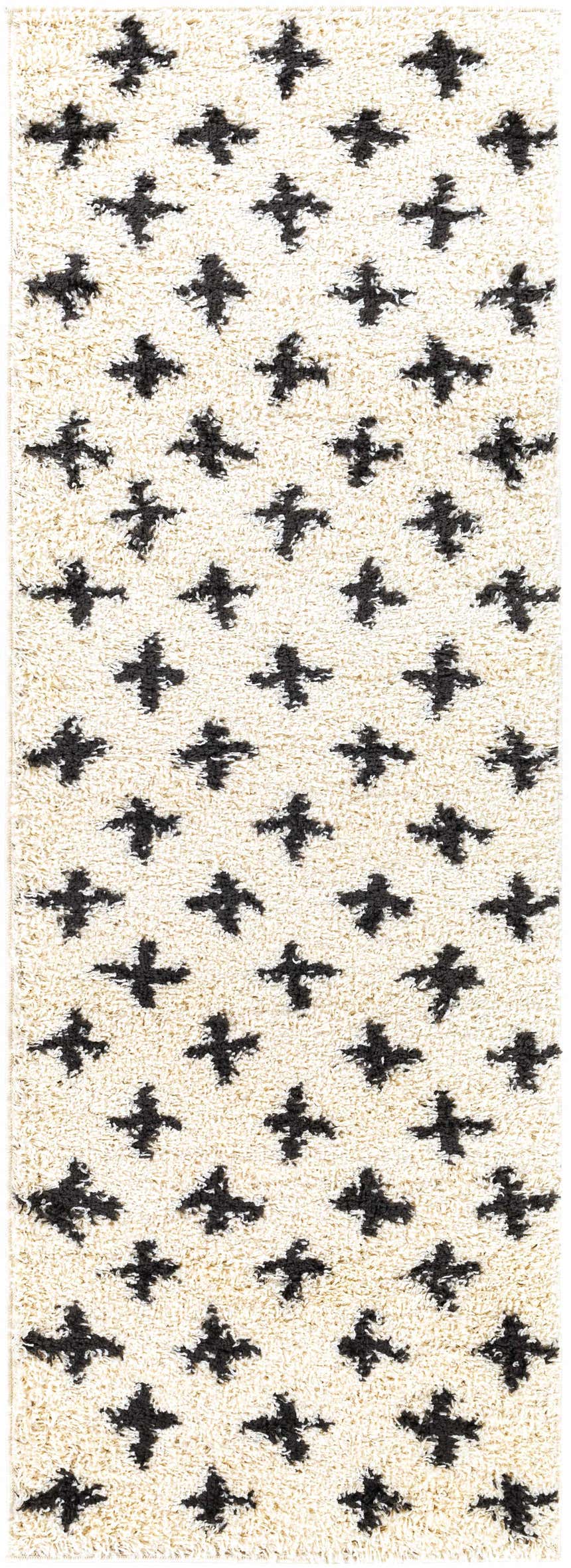 Close-up of a Gambo Area Rug. Cream shag rug with a black cross pattern. Contemporary, Moroccan style. Design-Runner-2773