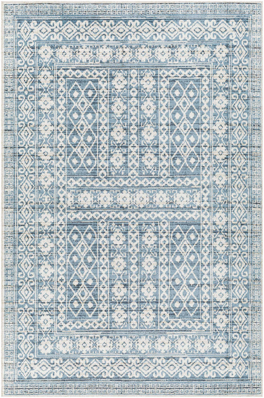 Close-up of Gandy Washable Area Rug in blue and cream, featuring a contemporary geometric pattern and farmhouse style. Design-Rectangle-537