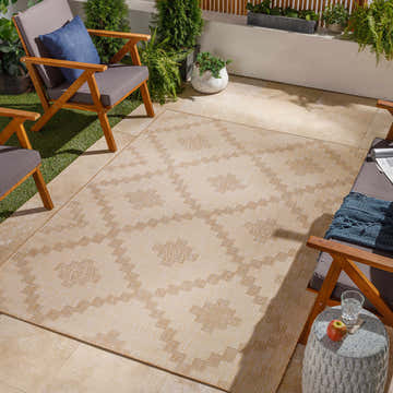 Outdoor patio scene with tan Gerede Indoor Outdoor Rug, wood chairs, and potted plants. Roomscene-Rectangle