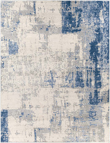 Close-up of the Gerton Area Rug. Contemporary design in denim, gray, and ivory. Machine woven polypropylene rug. Design-Rectangle-710103