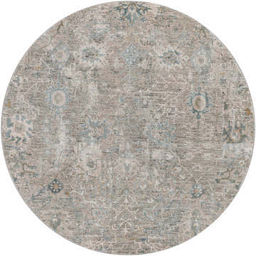 Close-up of round Gilmanton Thick Luxe Boutique Rug. Features a traditional floral pattern in dusty sage, gray, and beige tones. Design-Round-53
