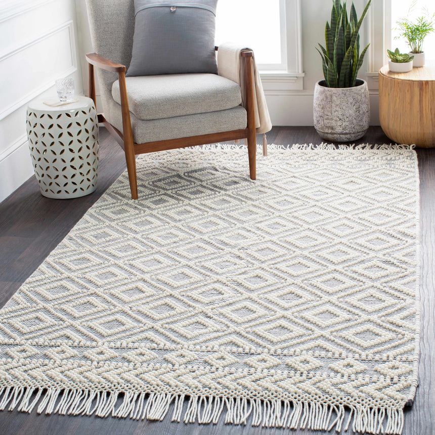 Glastonbury Gray&White Trellis Wool&Cotton Area Rug - Clearance