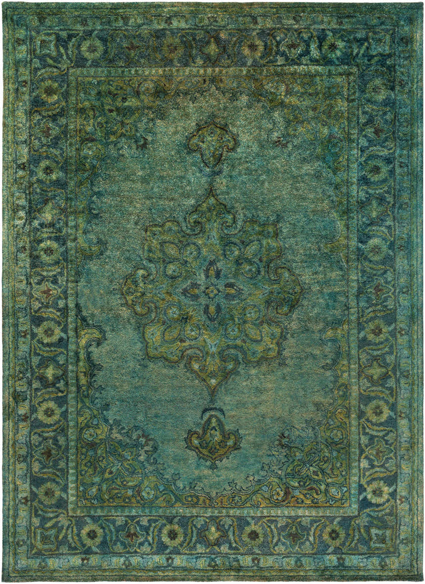 Close-up of the Gilbertsville Area Rug. Hand-tufted wool rug in dusty sage, emerald, and olive with a traditional Oriental design. Design-Rectangle-811