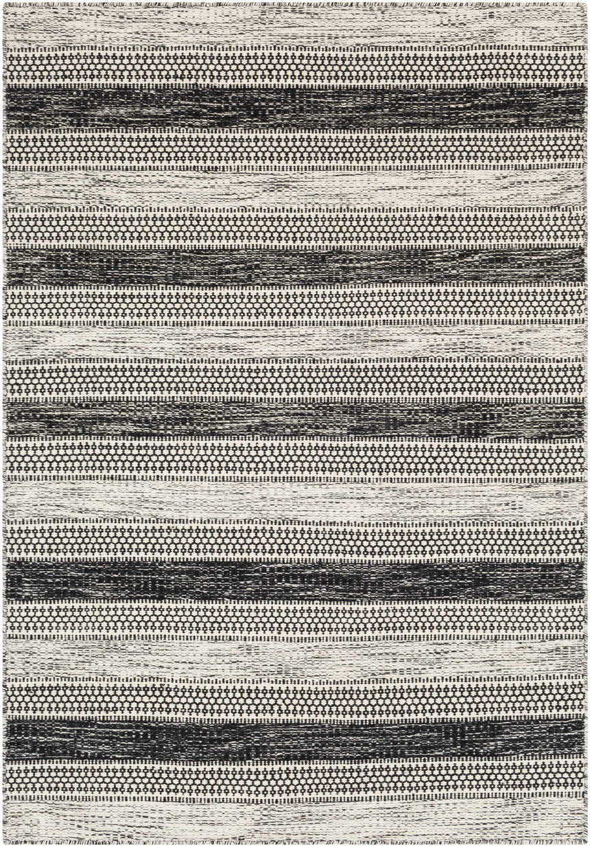 Close-up of the hand woven Glengary Area Rug. Black and ivory rug with a horizontal striped pattern. Design-Rectangle-576