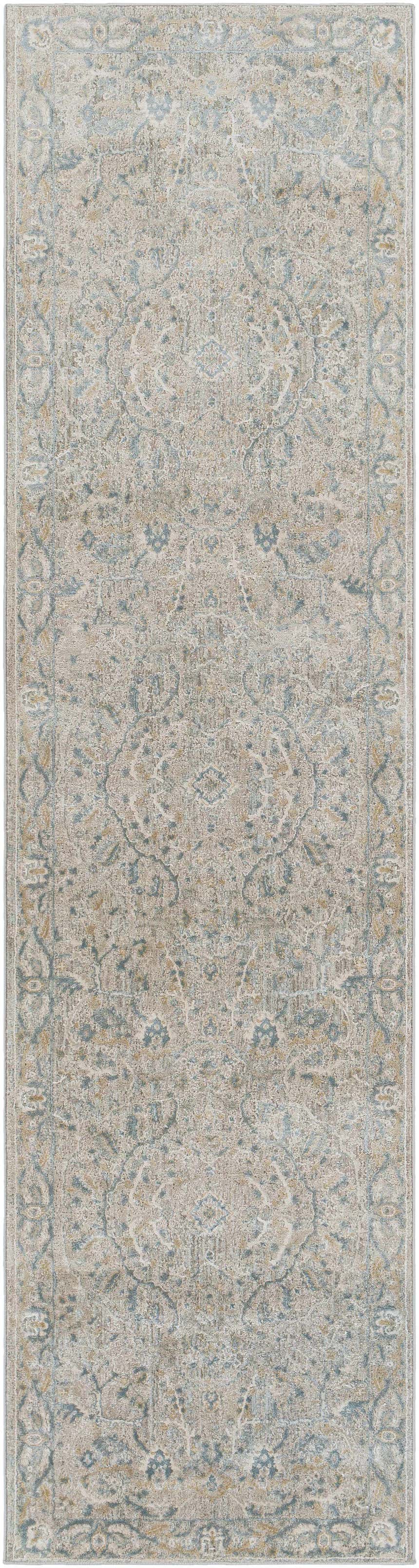 Close-up of the Glengarry Thick Luxe Boutique Rug, showcasing its traditional pattern in dusty sage, light beige, and teal. Design-Runner-2710