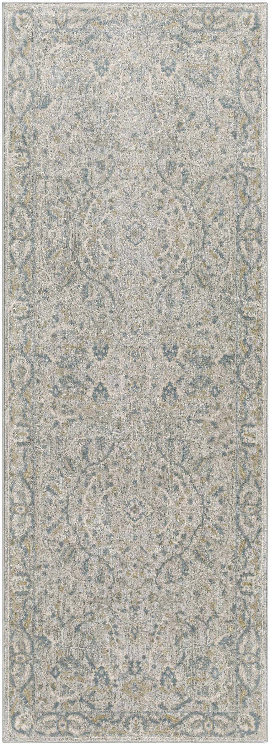 Close-up of the Glengarry Thick Luxe Boutique Rug. Features a vintage-inspired pattern in dusty sage, light beige, and gray tones. Design-Runner-2773