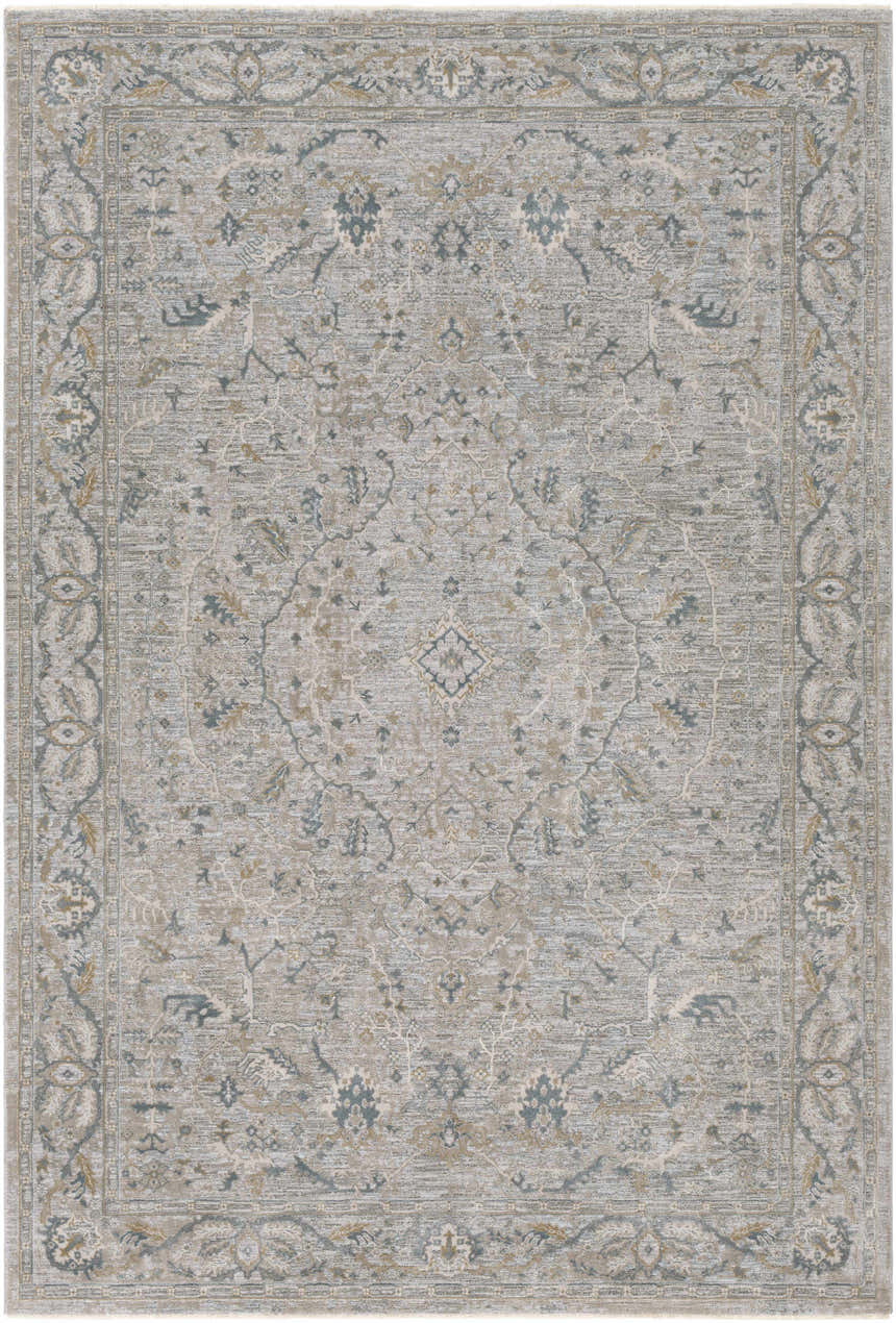 Close-up of Glengarry Thick Luxe Boutique Rug, showcasing its traditional pattern, dusty sage, beige, and gray tones. Design-Rectangle-6796