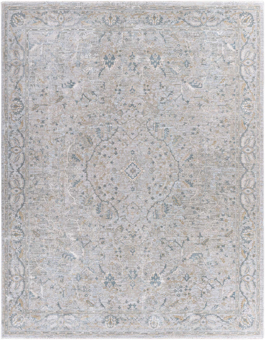 Close-up of the Glengarry Thick Luxe Boutique Rug. Features a traditional, vintage pattern in dusty sage, beige, and gray tones. Design-Rectangle-710103