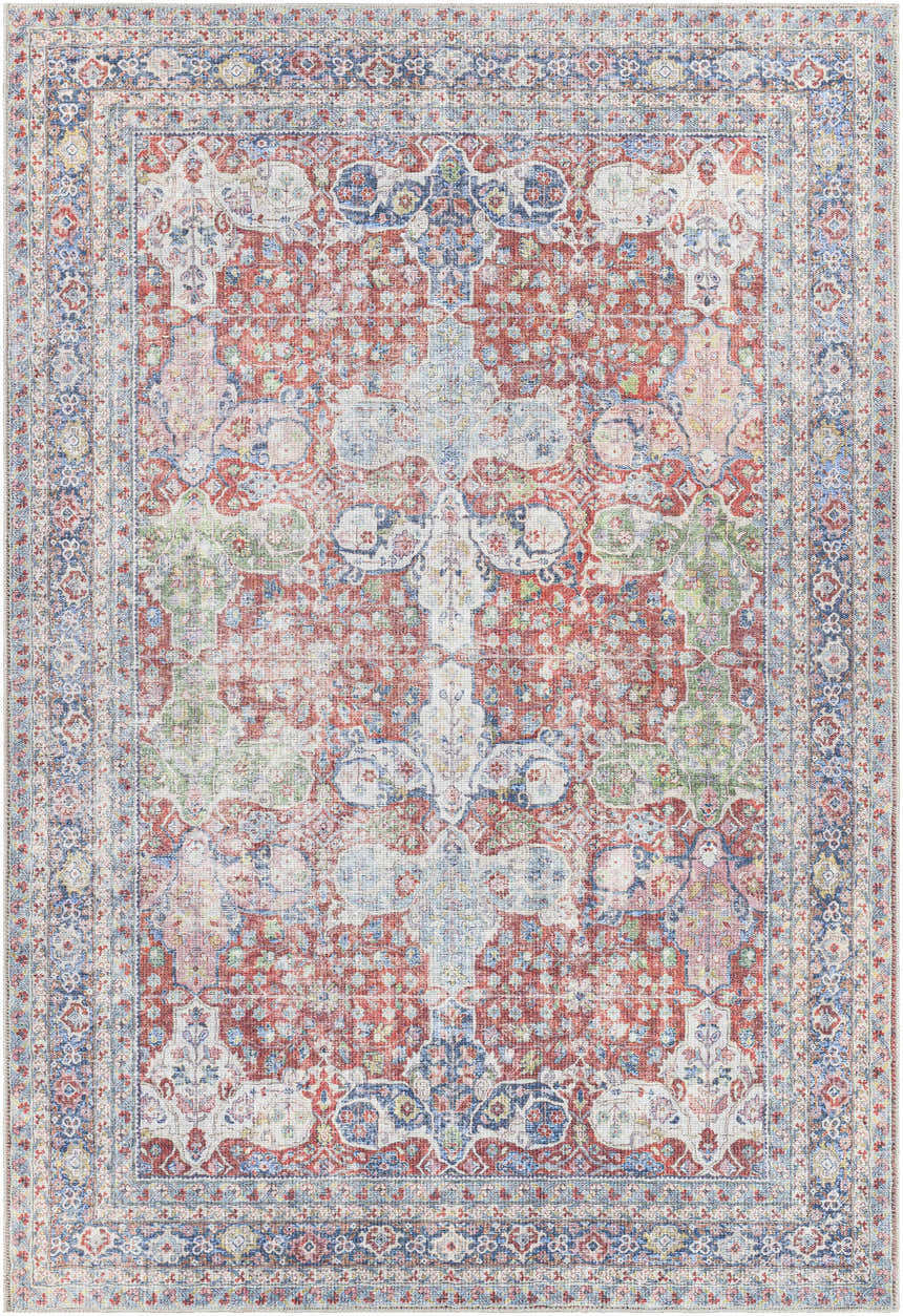 Detailed Rust Goma Vintage Area Rug with blush, red, blue, cream, and sage tones in a traditional, bohemian pattern. Design-Rectangle-537
