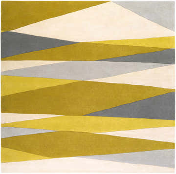 Close-up of the Goodsprings Modern Wool Rug. Features a geometric pattern in gray, ivory, tan and medium gray. Design-Square-8