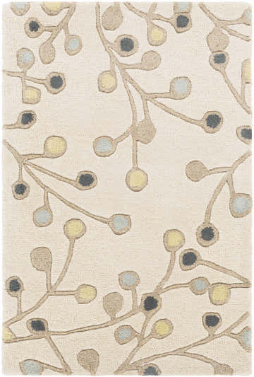 Close-up of the Beige Elsu Wool Rug featuring a floral pattern in brown, blue, yellow, and beige on a textured, wool background. Design-Rectangle-23