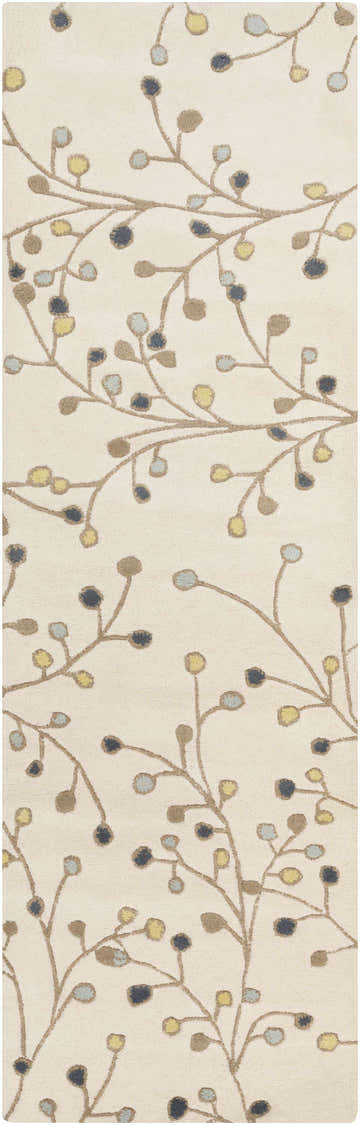 Close-up of Beige Elsu Wool Rug with a floral pattern in brown, yellow, light blue and navy on a cream background. Design-Runner-268