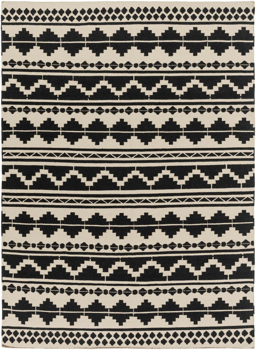 Close-up of the hand woven Gratiot Area Rug. Black and medium gray geometric pattern. Perfect for bathroom, kitchen, or mudroom. Design-Rectangle-811