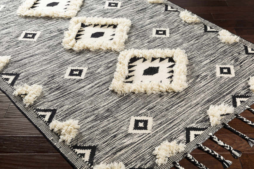 Close-up of the Gardner Cream on Gray Wool Tassel Rug. Features geometric patterns and cream-colored tassels on a hand-woven wool rug. Corner