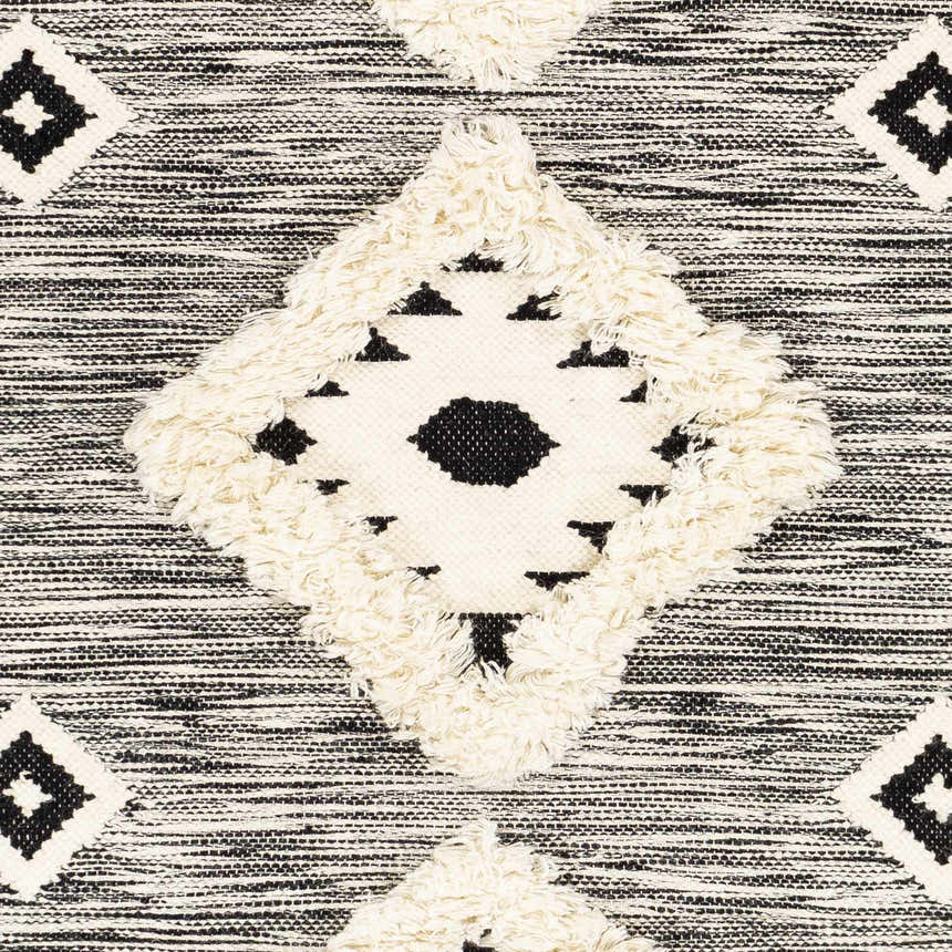 Close-up of the Gardner Cream on Gray Wool Tassel Rug, featuring a geometric diamond pattern and tasseled texture. Swatch