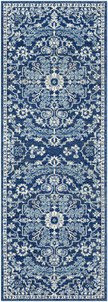 Close-up of the Blue Bodrum Area Rug, showcasing its navy, light beige, and gray traditional floral pattern. Design-Runner-2773