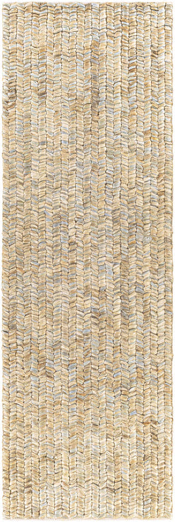 Close-up of hand woven Gresford Area Rug. Beige and gray jute rug with a subtle herringbone pattern. Design-Runner-268