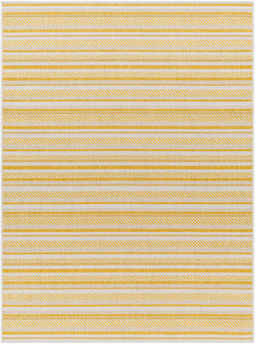 Close-up of the Grian Area Rug. Beige and gold striped pattern, machine woven polypropylene rug. Design-Rectangle-5377