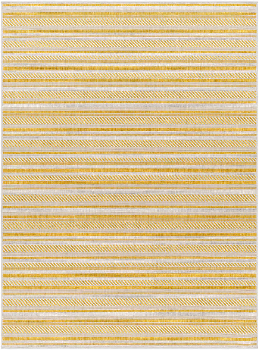 Close-up of the Grian Area Rug. Beige and gold striped pattern, machine woven polypropylene rug. Design-Rectangle-5377