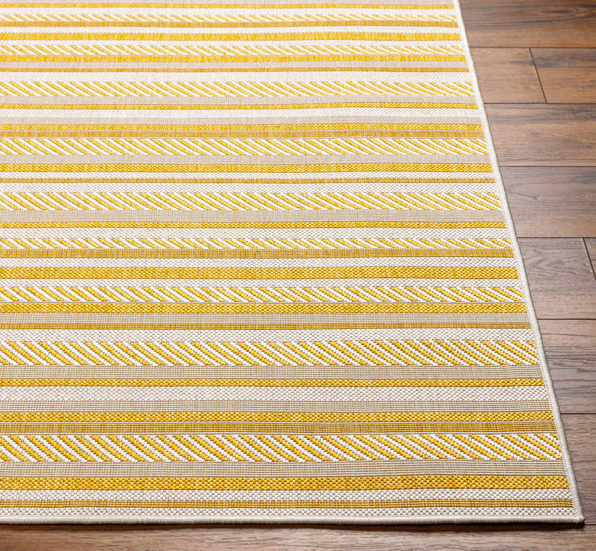 Close-up of Grian Area Rug: beige, bone, and gold stripes on a textured, machine-woven polypropylene rug. Farmhouse style. Front