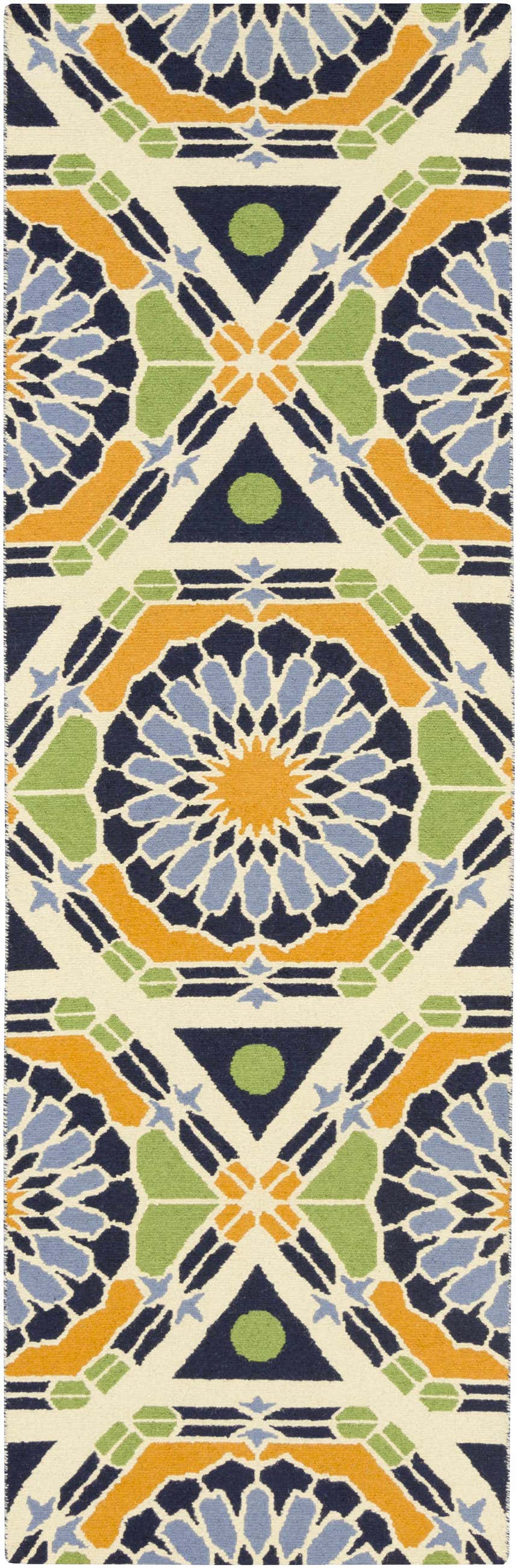 Close-up of Greenough Area Carpet. Hand-knotted wool rug with burnt orange, blue, green, and ivory geometric pattern. Design-Runner-268
