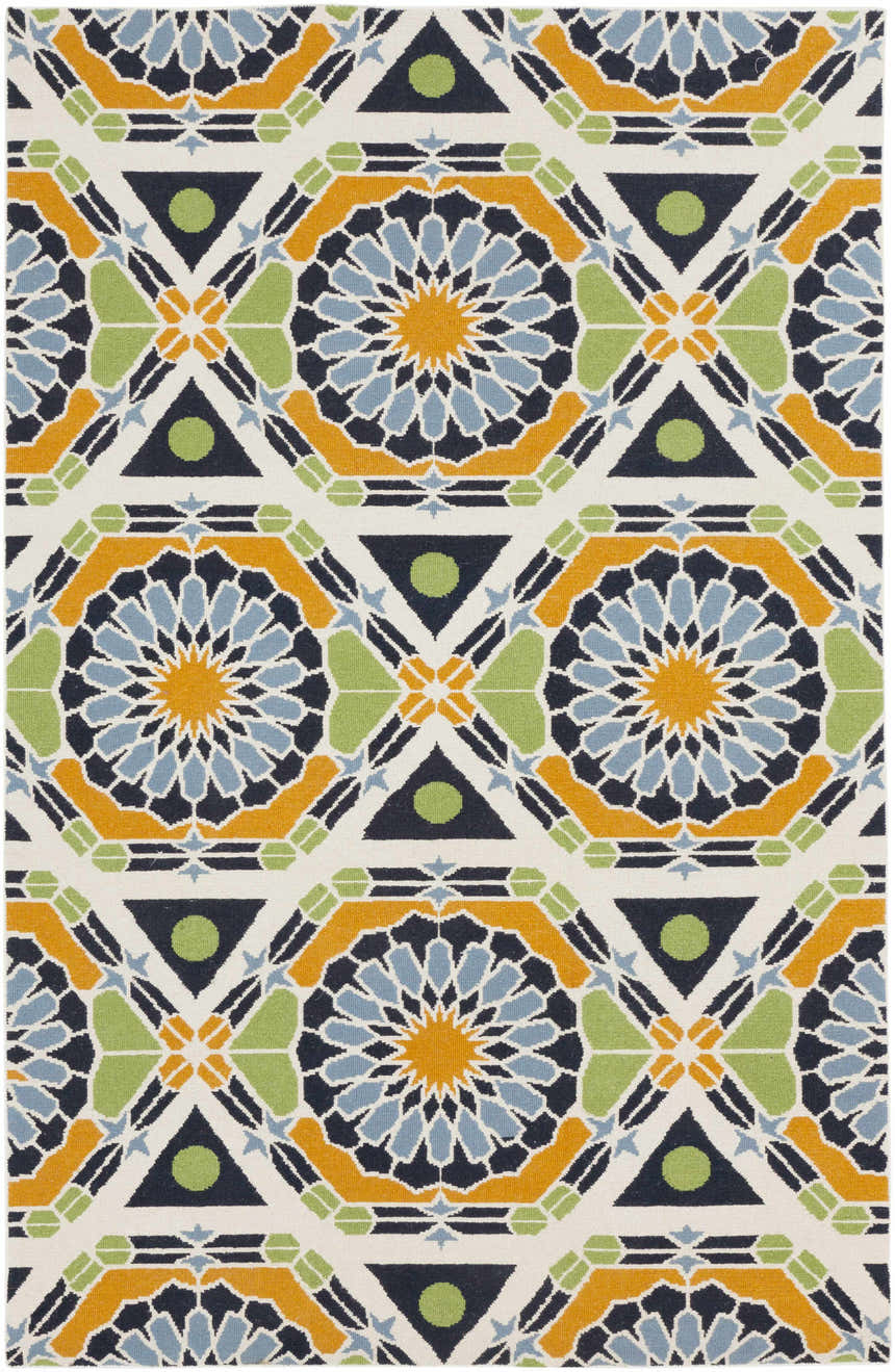 Close-up of the Greenough Area Carpet: a hand-knotted wool rug with burnt orange, blue, green, and ivory geometric pattern. Design-Rectangle-58