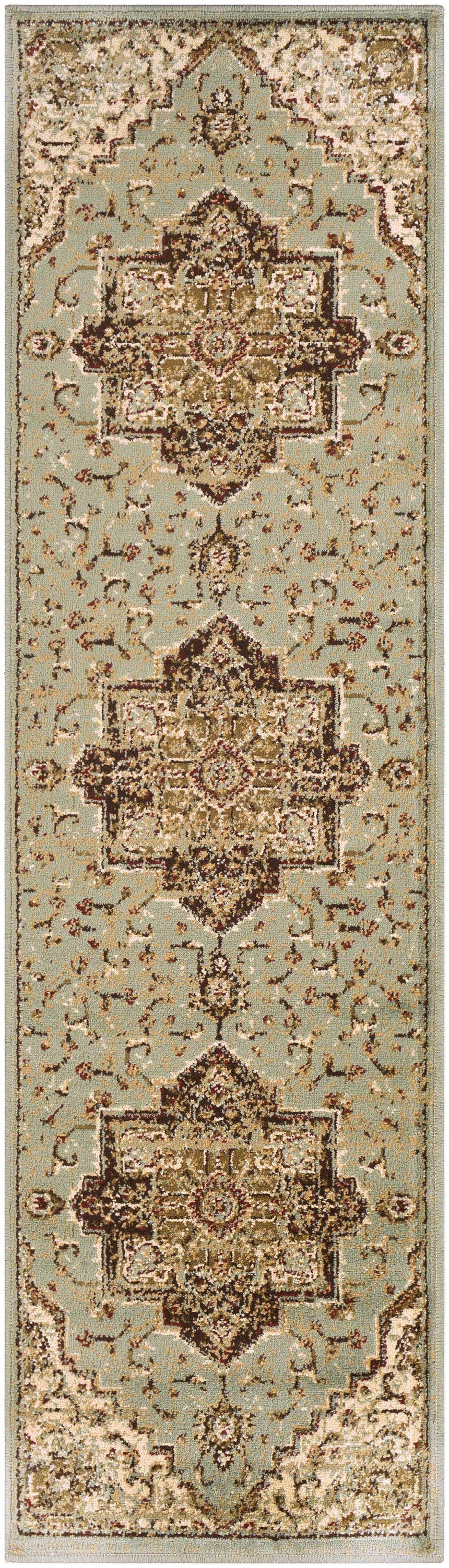 Close-up of the Granger Area Rug, a runner with a traditional oriental design in sage, beige, and brown tones. Design-Runner-2276