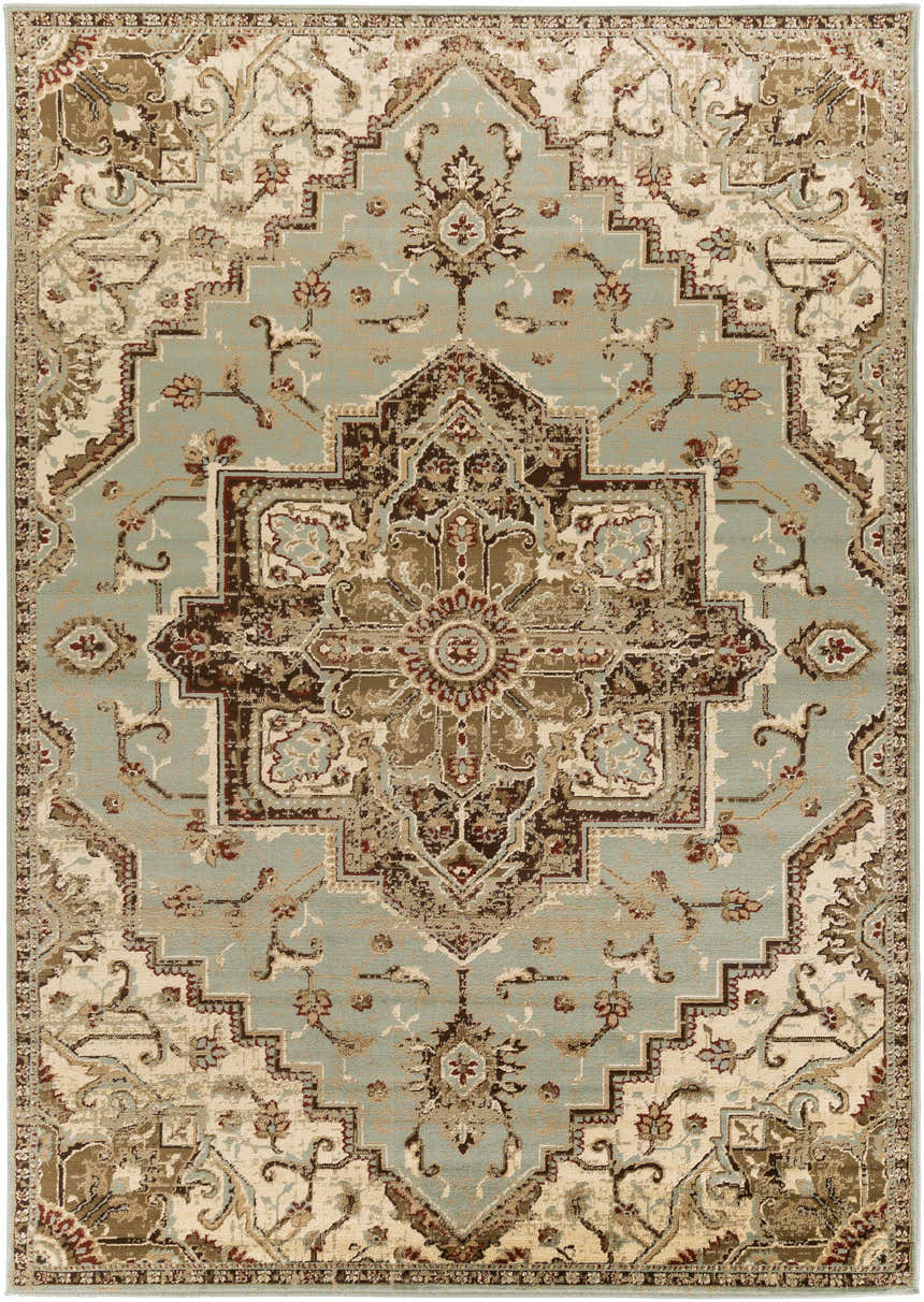 Detailed close-up of a Granger Area Rug. Bohemian style rug in burgundy, dark brown, light beige, sage, and tan. Design-Rectangle-79112