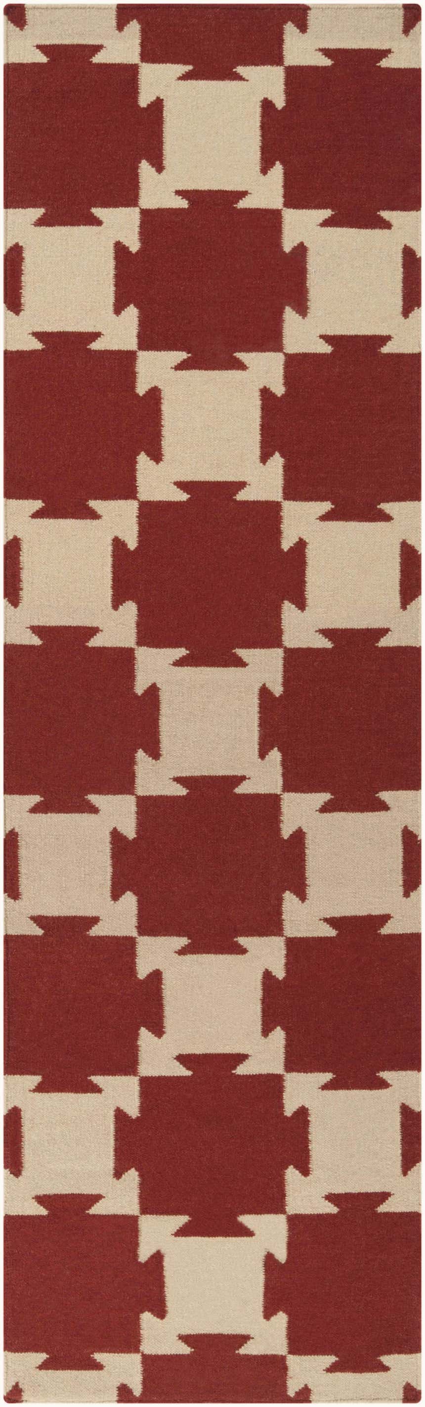 Close-up of the hand woven Grubbs Area Carpet. Beige and burgundy geometric pattern on 100% wool. Design-Runner-268
