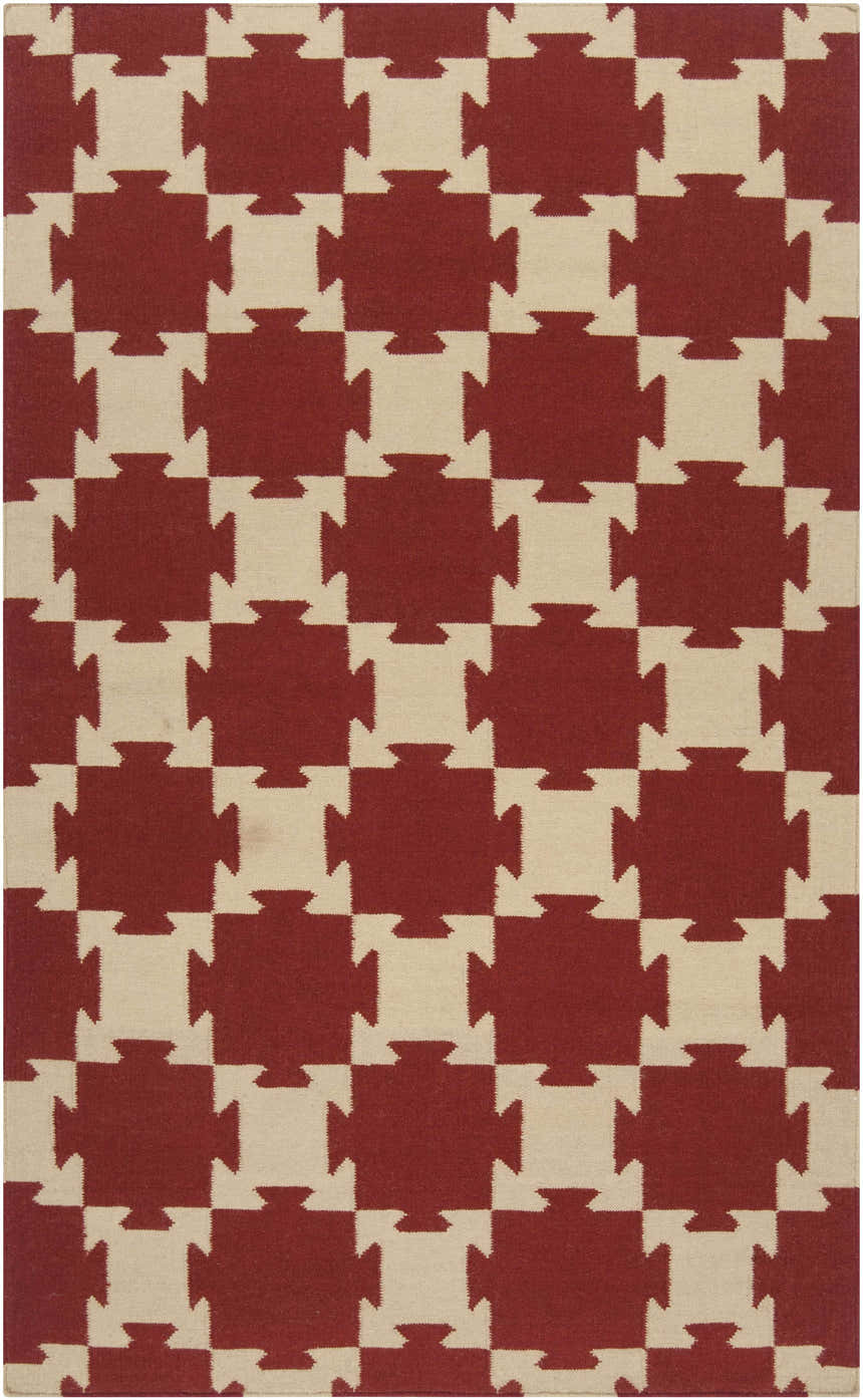 Close-up of Grubbs Area Carpet showing beige and burgundy geometric pattern. Hand woven wool rug. Design-Rectangle-58