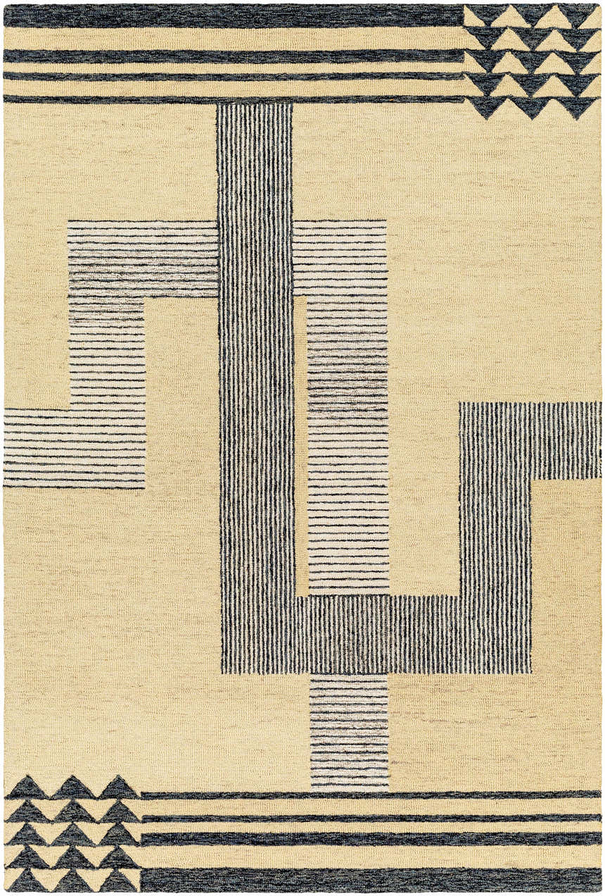 Close-up of Guta Area Rug: Beige wool rug with black stripes, triangle accents, and a hand-tufted, mid-century modern design. Design-Rectangle-576
