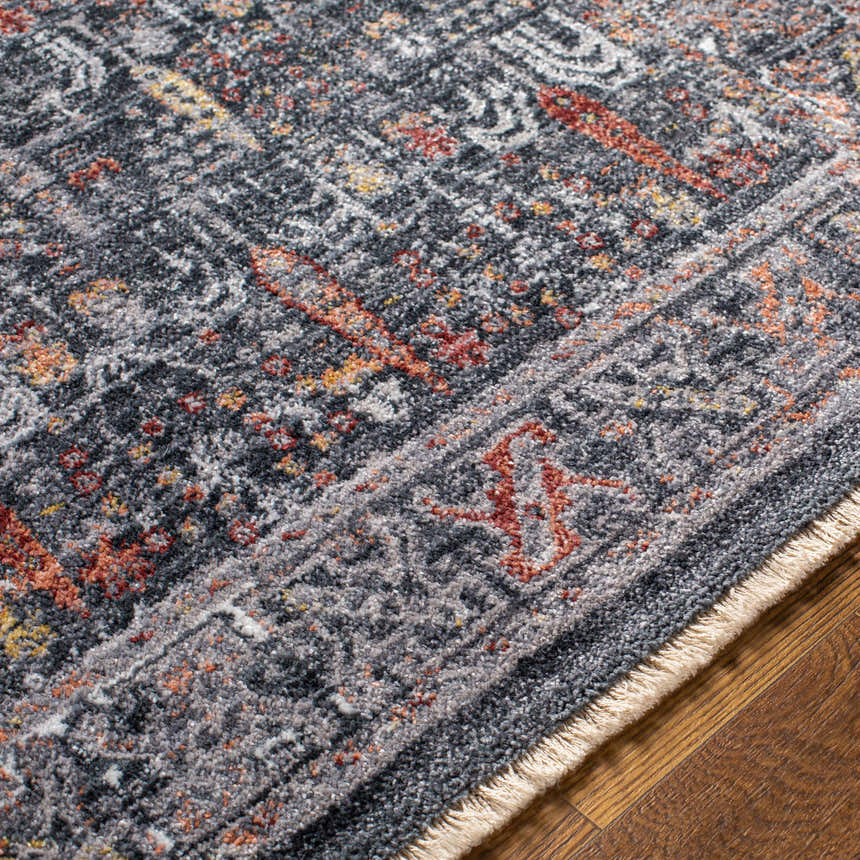 Close up of the Guirang Area Rug showing gray, red, and gold traditional pattern and fringe detail. Texture