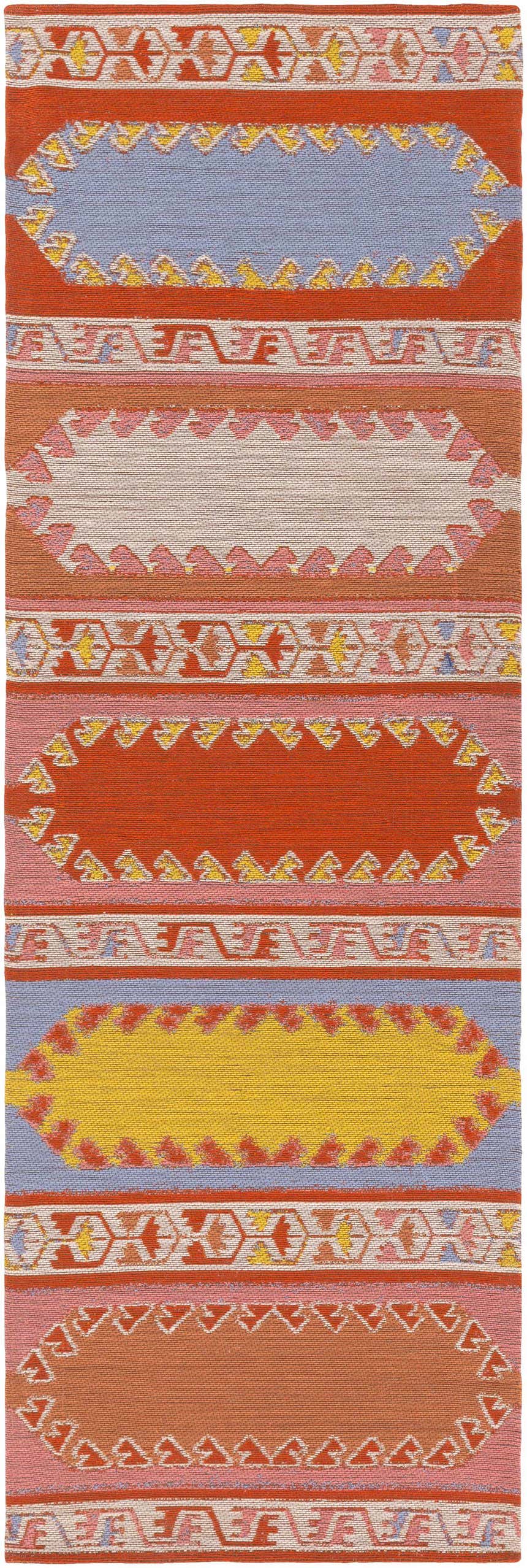 Close-up of the Gumberry Area Rug. Hand-woven rug with brick red, blue, yellow, and pink geometric patterns. Design-Runner-268