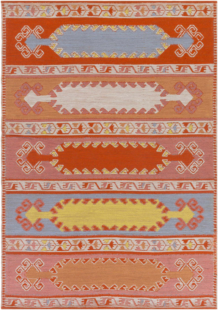 Close-up of the Gumberry Area Rug. Hand-woven rug with brick red, blue, ivory, and yellow Southwestern-inspired geometric patterns. Design-Rectangle-576