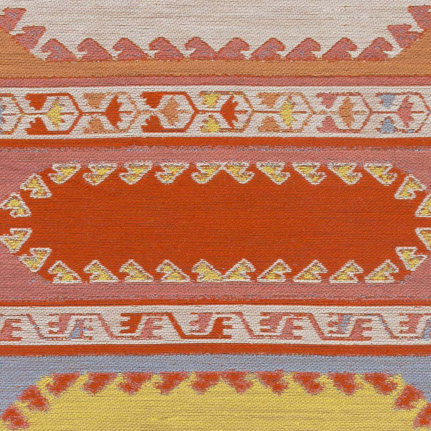 Close-up of the Gumberry Area Rug. Hand woven rug with brick red, camel, and navy Southwestern-inspired patterns. Swatch