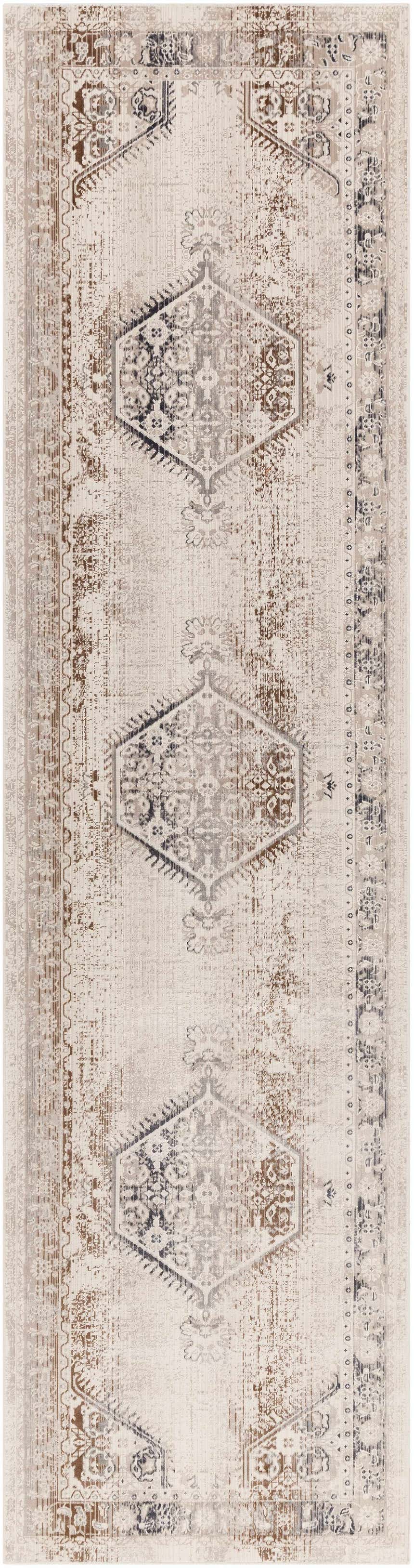 Close-up of the Hainesville White Medallion 10' Runner Rug. Farmhouse style with traditional medallion pattern in white, brown, and gray. Design-Runner-29103