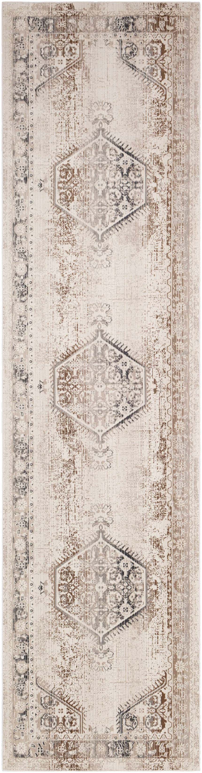 Close-up of Hainesville White Medallion 10' Runner Rug. Farmhouse style with traditional medallion pattern in neutral beige and brown tones. Design-Runner-295