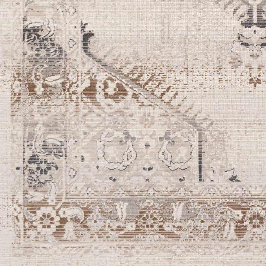 Close-up of Hainesville White Medallion 10' Runner Rug. Farmhouse style with neutral colors and traditional medallion pattern. Swatch