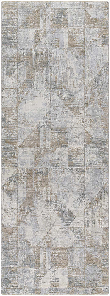 Close-up of Halia Thick Luxe Boutique Rug. Contemporary design with gray, brown, and white tones. Machine woven texture. Design-Runner-2773