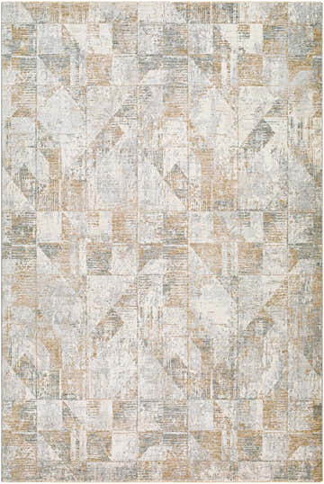 Close-up of the Halia Thick Luxe Boutique Rug. Contemporary geometric design in cloud gray, dark brown, and light gray tones. Design-Rectangle-6796