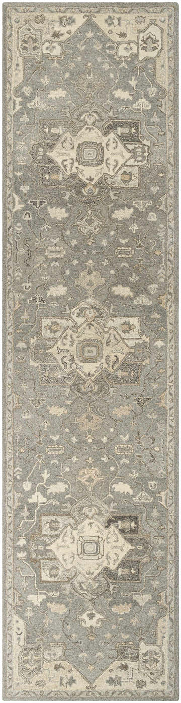 Close-up of the Broomfield 1196 hand-tufted taupe wool rug, showcasing its traditional oriental pattern and soft, neutral colors. Design-Runner-312