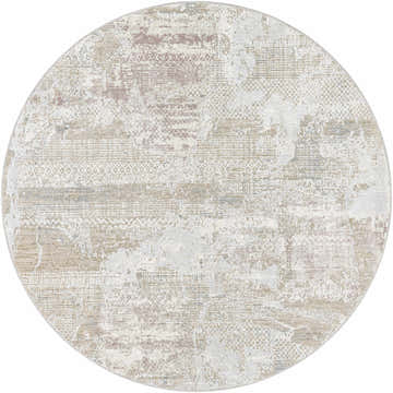Close-up of round Hanae Thick Luxe Boutique Rug. Beige, bone, gray, and brown abstract pattern. Contemporary style. Design-Round-53