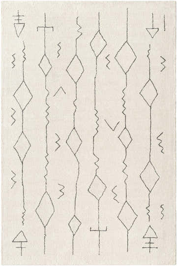 Close-up of the Hanny Area Rug. Beige wool rug with a geometric diamond and line pattern. Hand-tufted texture. Design-Rectangle-576