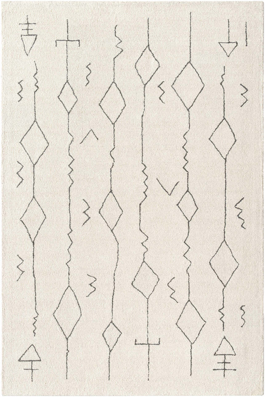 Close-up of the Hanny Area Rug. Beige wool rug with a geometric diamond and line pattern. Hand-tufted texture. Design-Rectangle-576