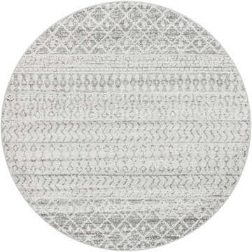 Round Constantin Gray Area Rug with a distressed, light gray and white bohemian-inspired pattern. Design-Round-6