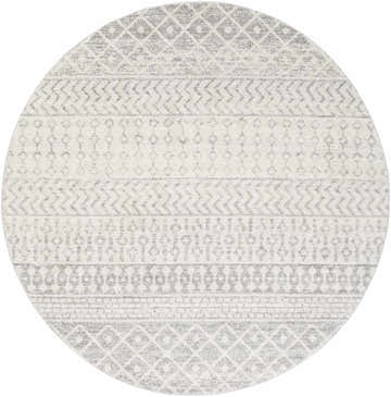 Close-up of a round Constantin Gray Area Rug with a bohemian-inspired geometric pattern in gray, light gray, and white. Design-Round-710