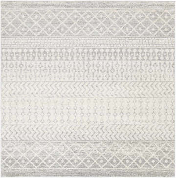 Close-up of the Constantin Gray Area Rug. Features a gray and white bohemian-inspired geometric pattern. Design-Square-710