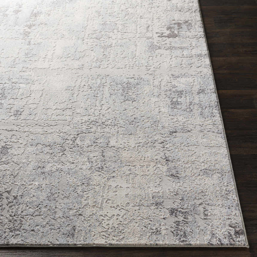 Close-up of the Hardeeville Area Rug showing a textured, abstract pattern in shades of gray and ivory on a dark wood floor. Front