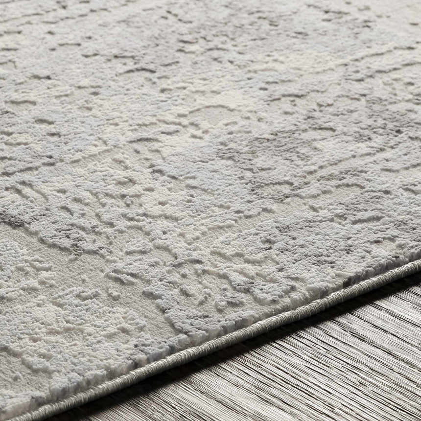 Close-up of the textured, abstract pattern of the Hardeeville Area Rug in shades of white and gray. Texture